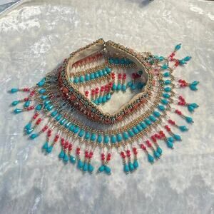 Vtg Egyptian Revival, Cleopatra Style Western Boho Beaded Bib Choker Necklace